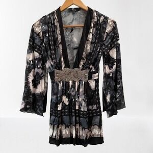 Sky Embellished Rhinestone Plunge Neck Patterned Stretchy Glam Top NEW Small